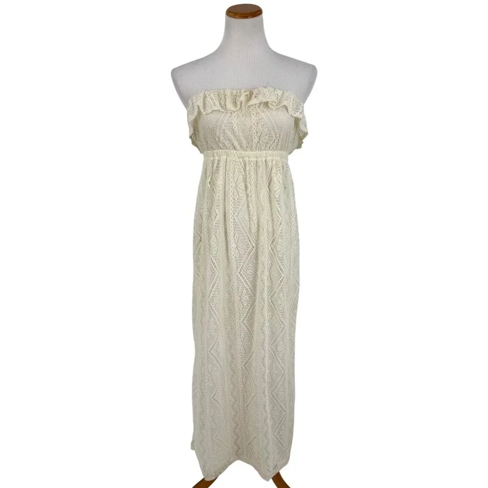 Vtg F21 Cream Lace Ruffle Hem Strapless Maxi Dress | Y2K Coquette Coastal Boho S - Picture 2 of 16